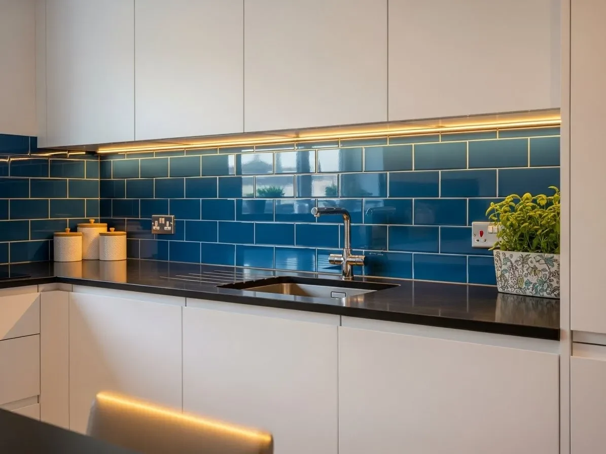 Blue subway tile kitchen backsplash with white cabinetry.