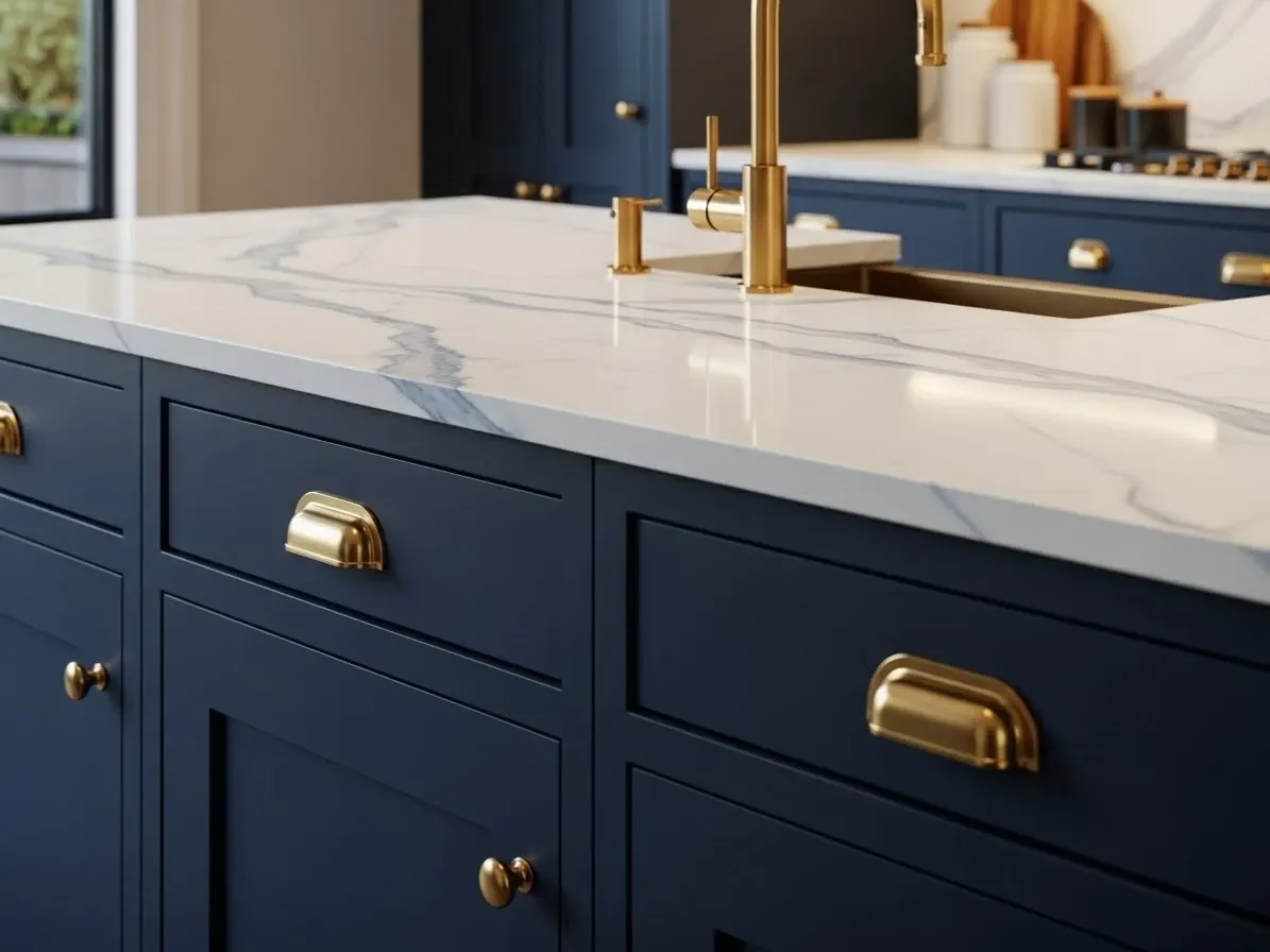 White marble countertop with soft blue veins in a navy kitchen.
