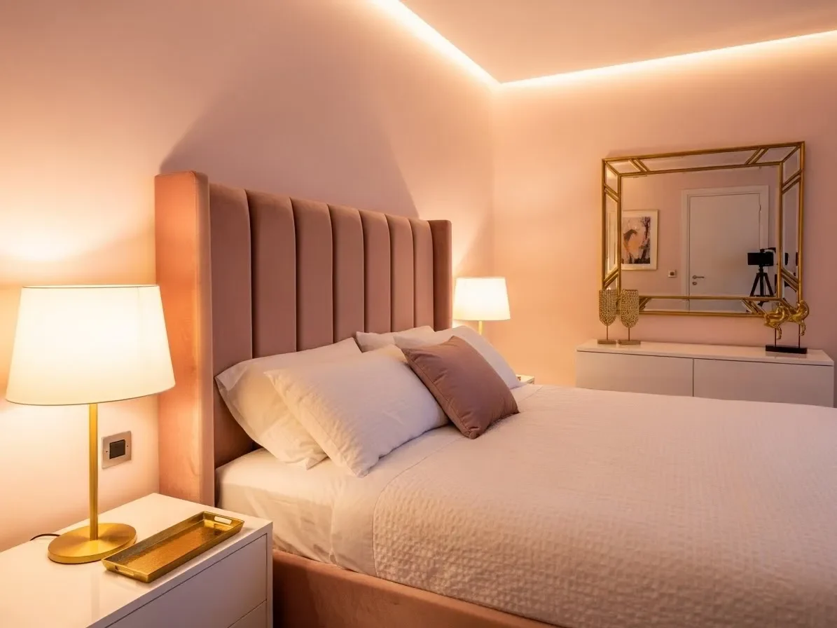Blush pink bedroom with gold accents and modern glamorous décor.