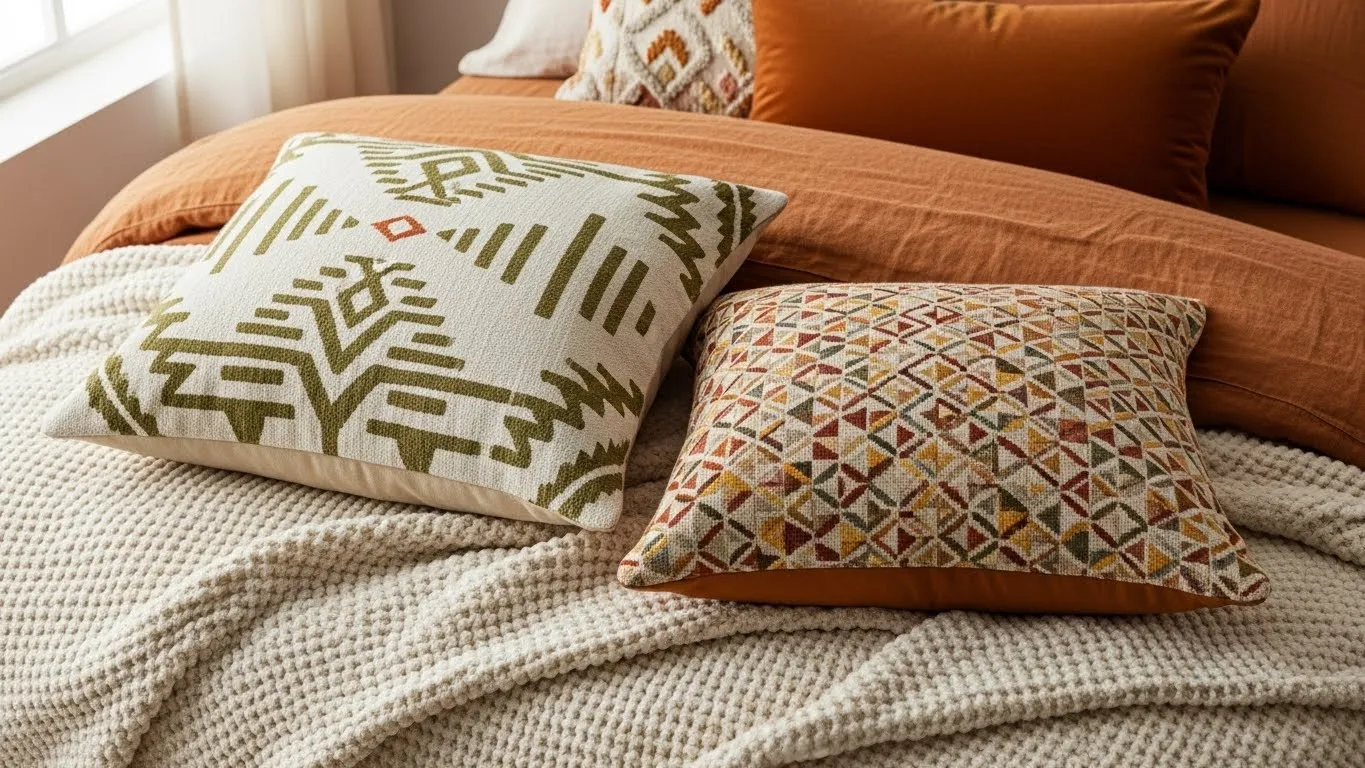 “Boho bedroom bedding layering ideas with linen, textured throws, and patterned pillows.”