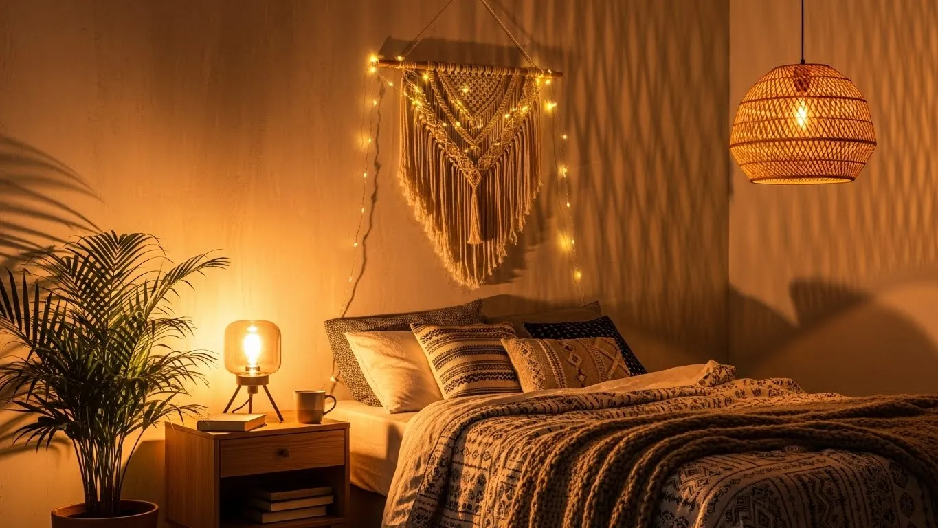 Boho bedroom lighting ideas using warm bedside lamps and string lights for a cozy glow.”