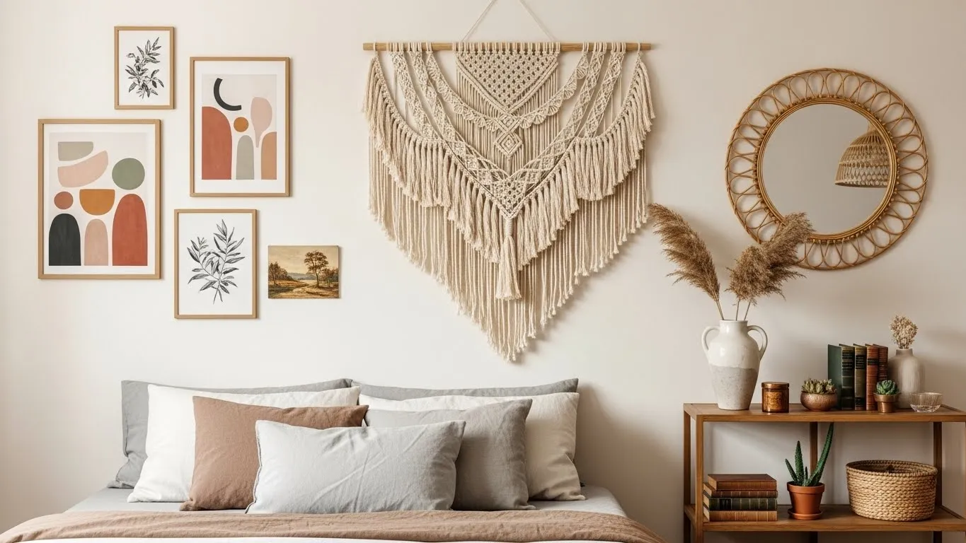 “Boho bedroom wall decor ideas with macrame, framed art, and a rattan mirror above the bed.”