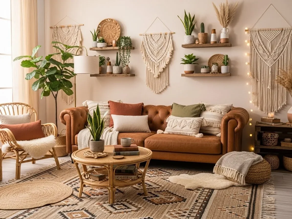 “Boho living room with a brown couch, layered textures, and rattan accents.”