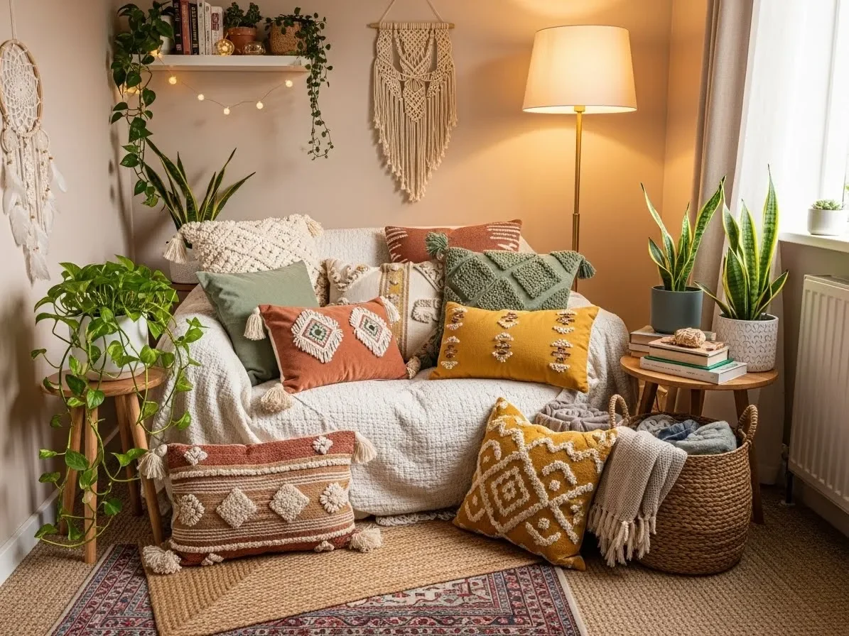 “Boho reading nook with textured rugs, cozy chair and plants.”