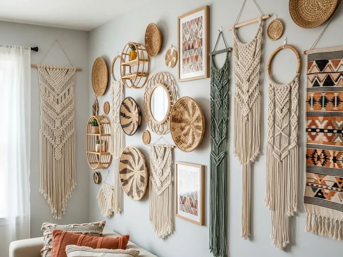 “Boho living room wall decorated with macramé and woven basket art.”