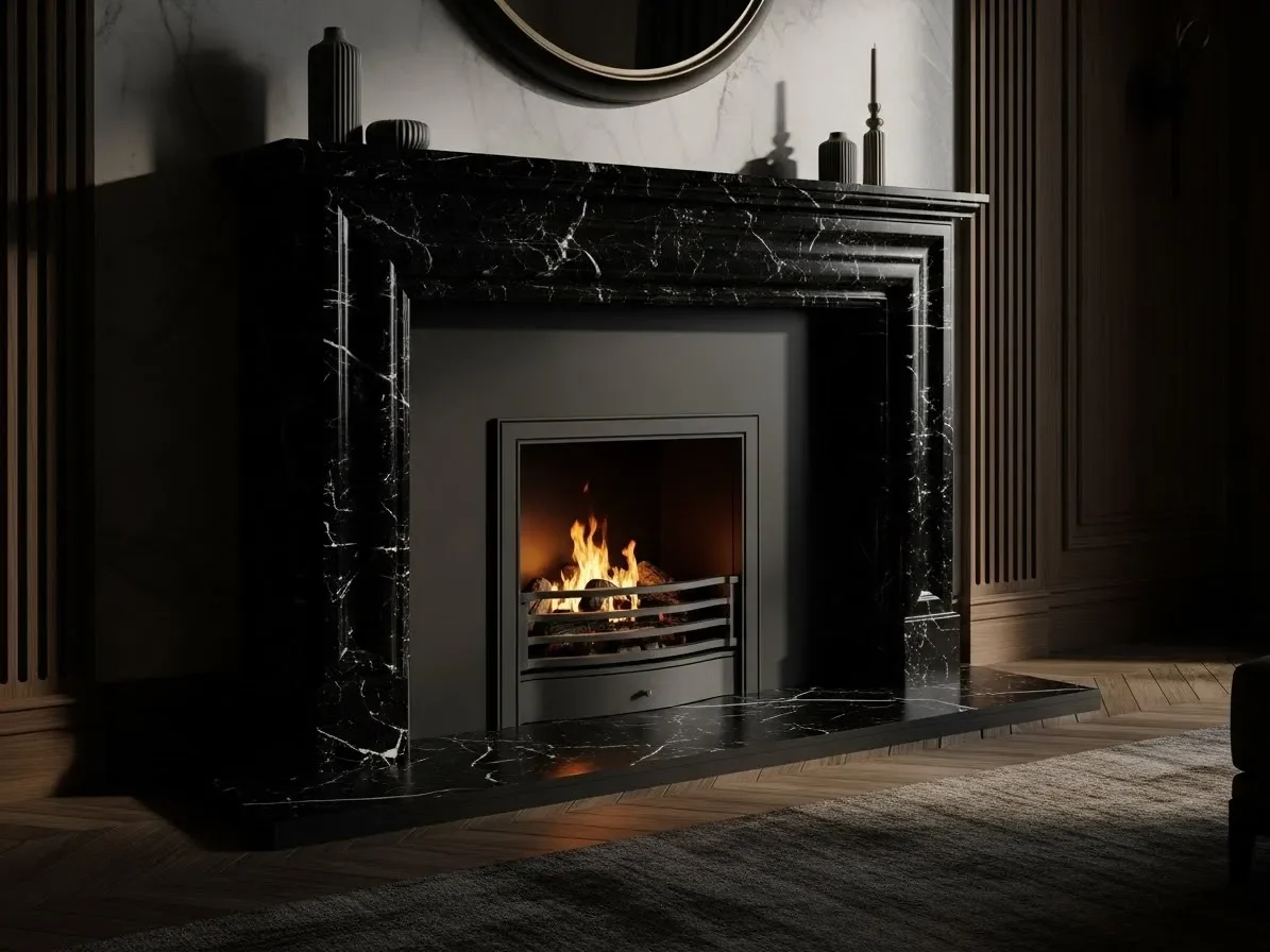 Dramatic black fireplace with moody lighting, luxurious marble textures, and modern high-contrast interior styling.