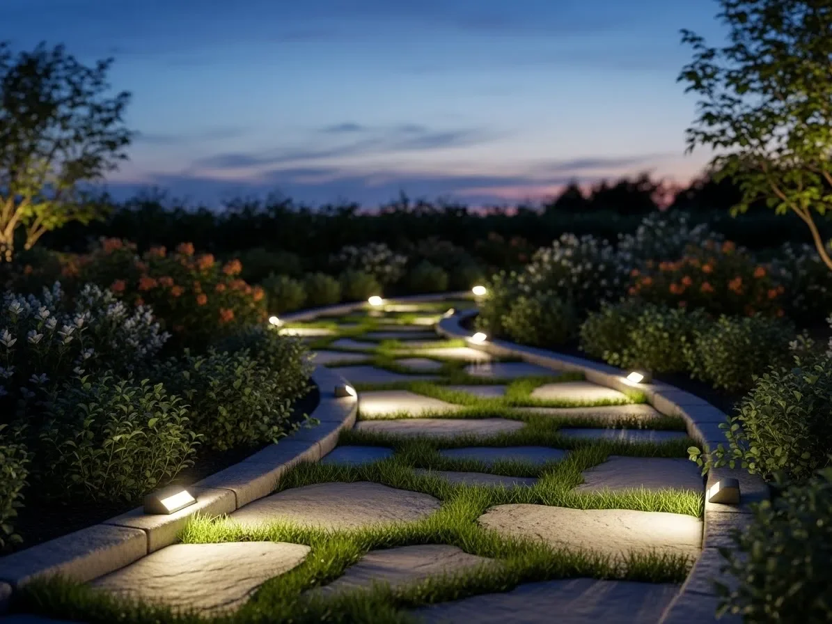Border lights defining the edge of an outdoor pathway.