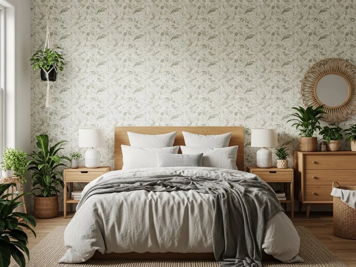 Botanical green bedroom with plant prints, wood furniture, and natural textures.