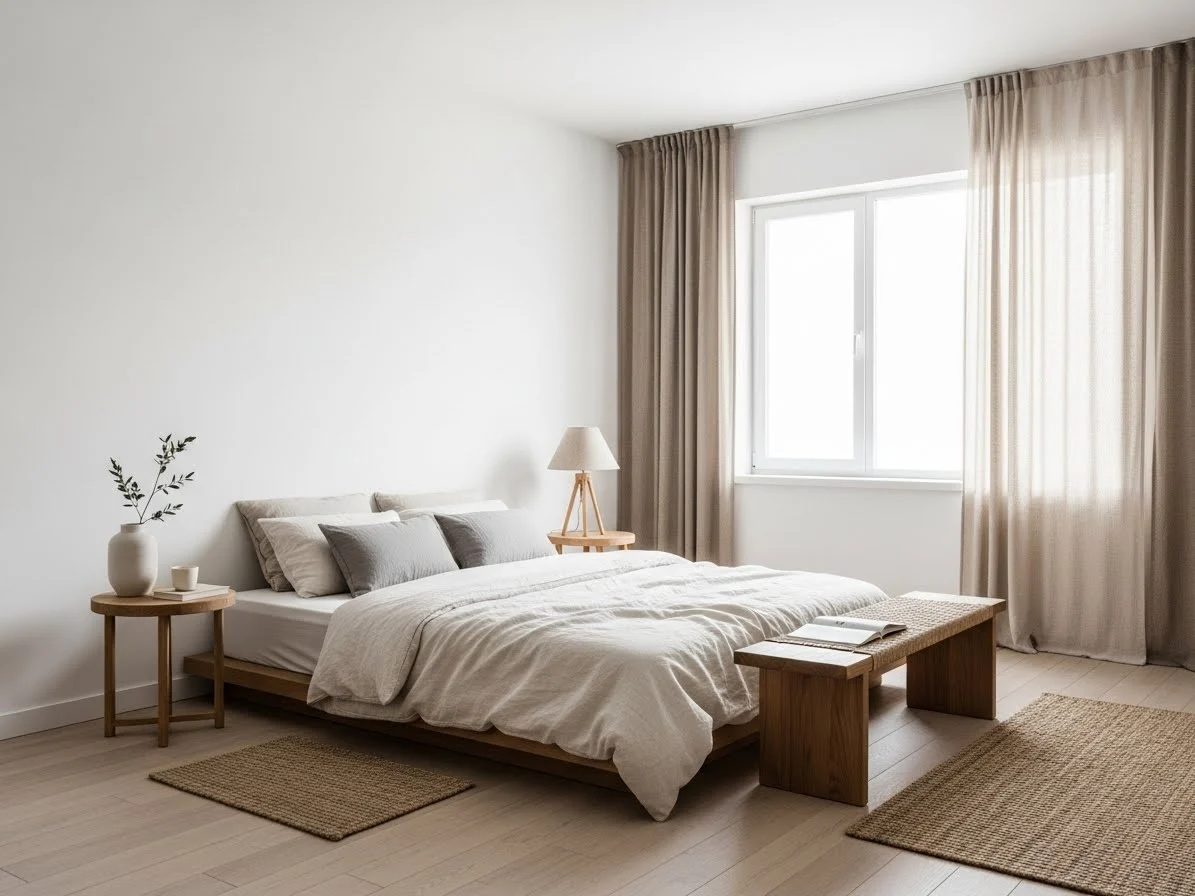 Japandi bedroom with open breathing space and minimalist furniture placement.