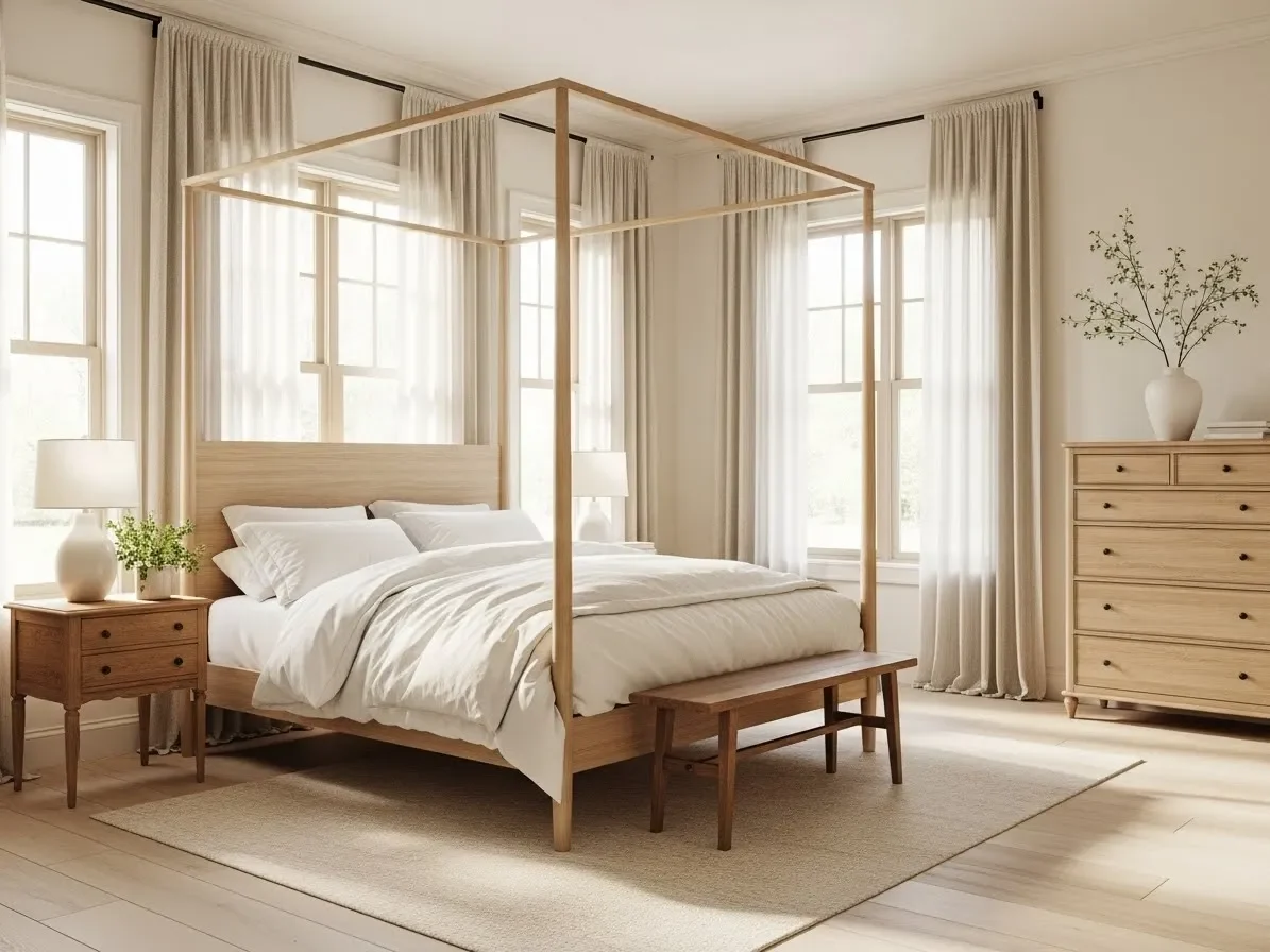 Bright farmhouse bedroom with natural sunlight, sheer curtains, and light wood décor.