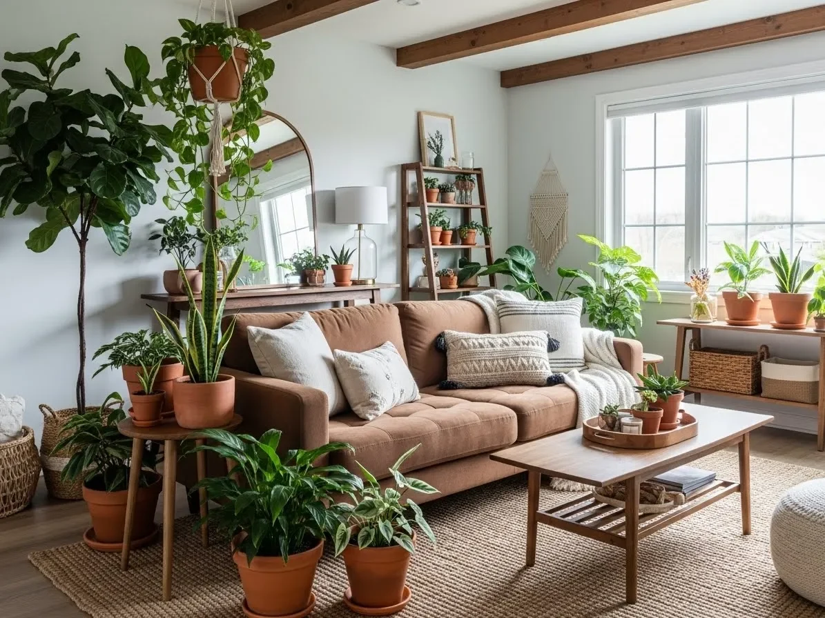 “Brown couch styled with indoor plants and natural earthy décor.”