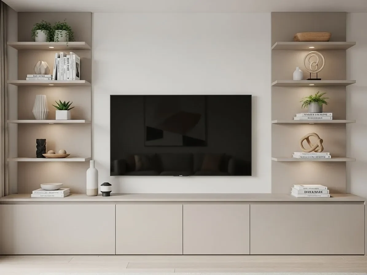 Built-in TV wall with storage cabinets and shelves in a modern living room.