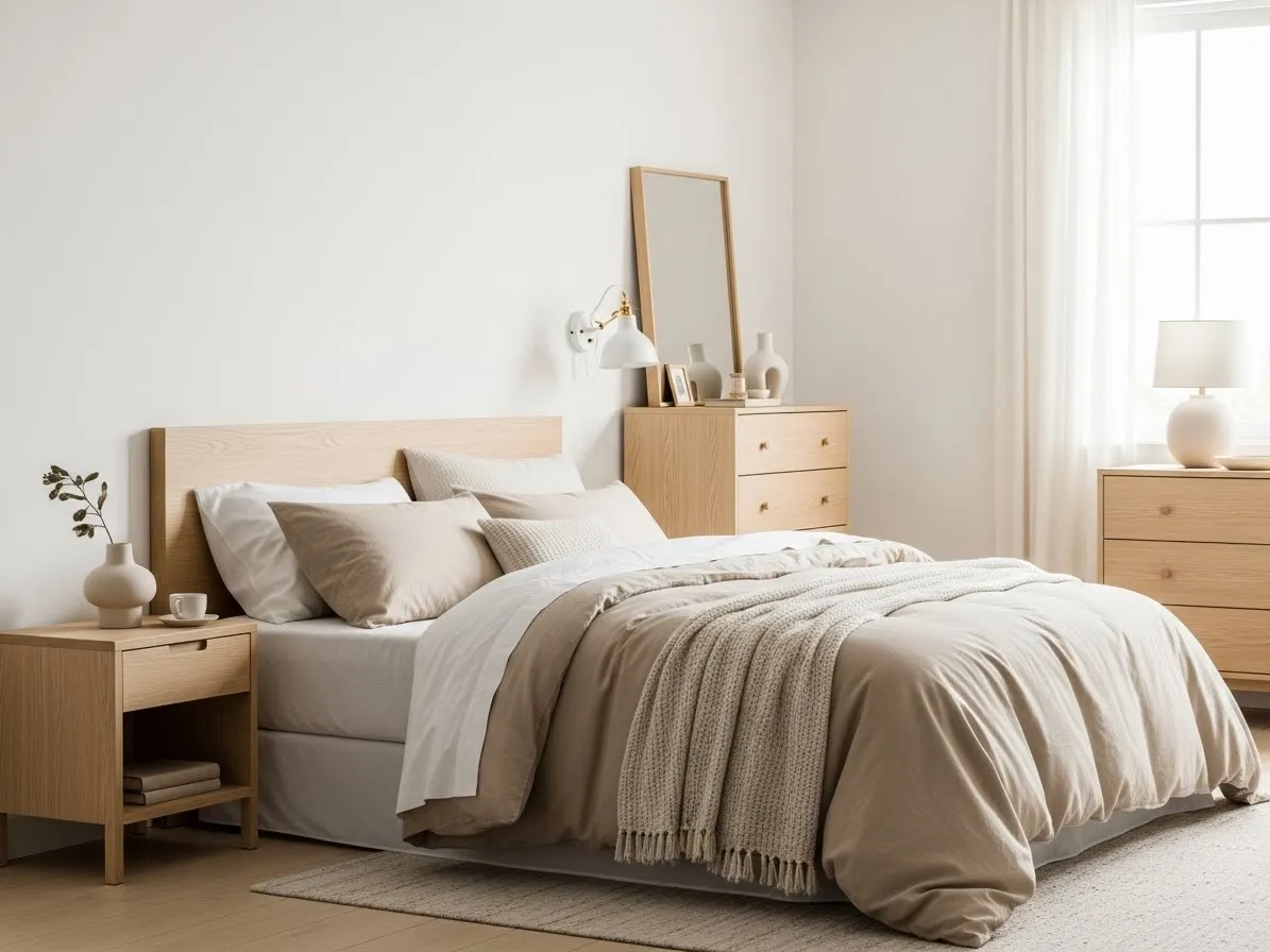Calm bedroom color palette with warm neutrals, light wood furniture, and soft bedding for a relaxing space.