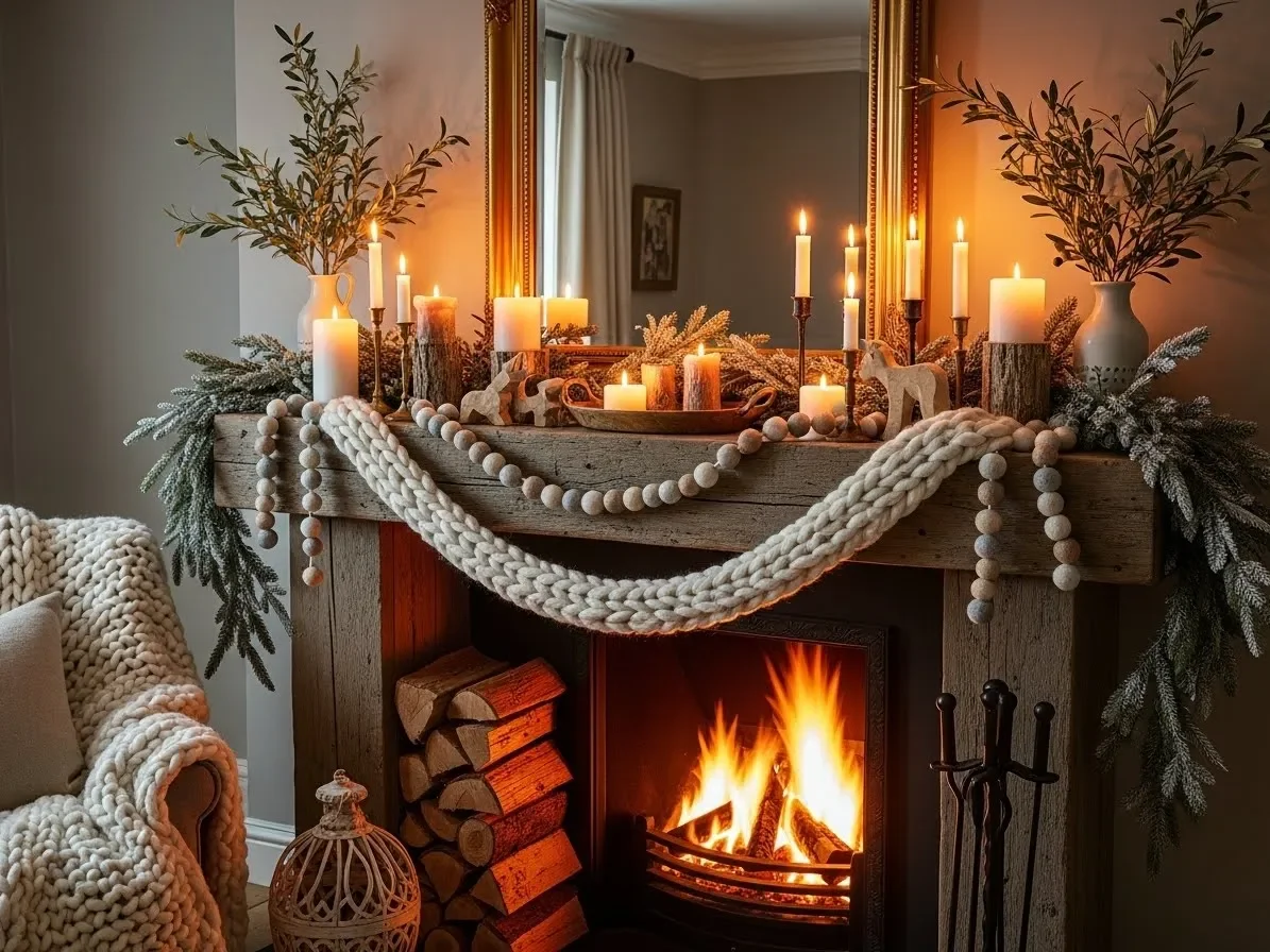 “A chunky knit garland styled on a mantel for cozy winter mantel decorating ideas.”
