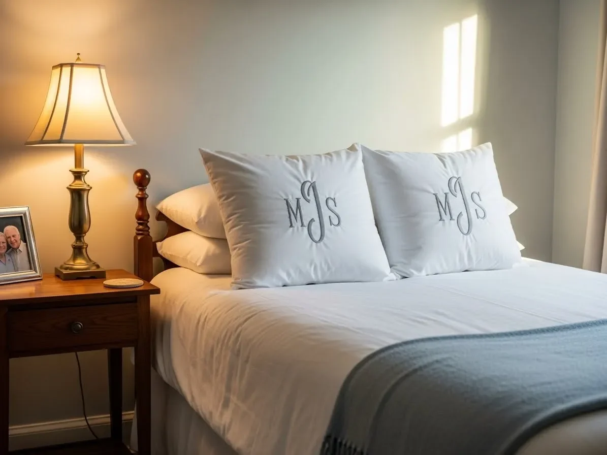 “Southern style bedroom with monogrammed pillows and classic white bedding.”