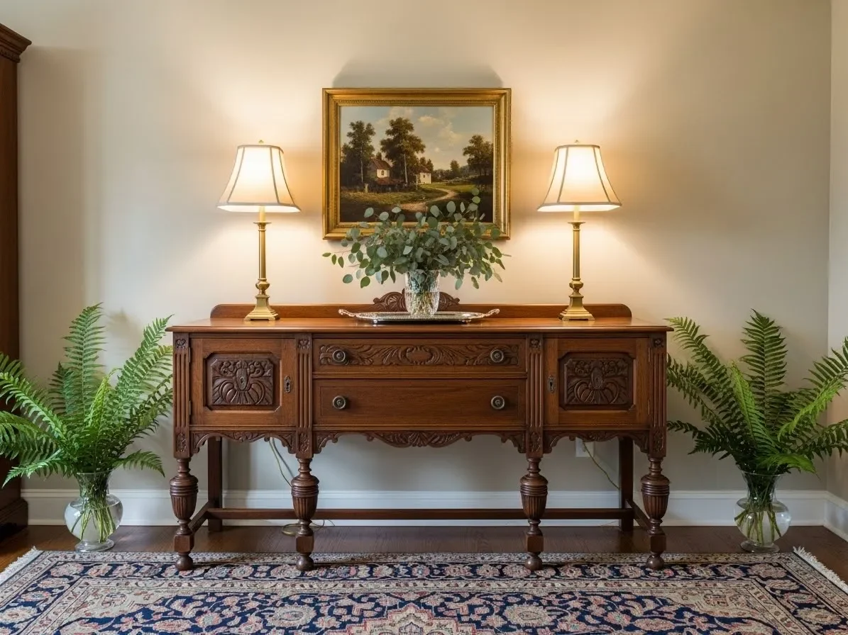 “Antique wooden sideboard styled with lamps, art, and greenery in a classic Southern home.”