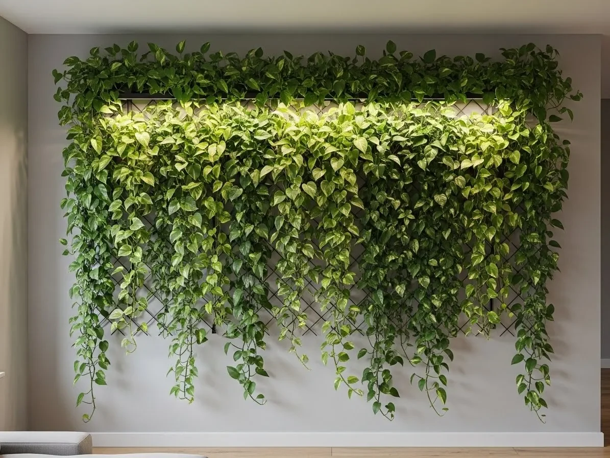 Climbing plants growing on a trellis mounted on an indoor wall.