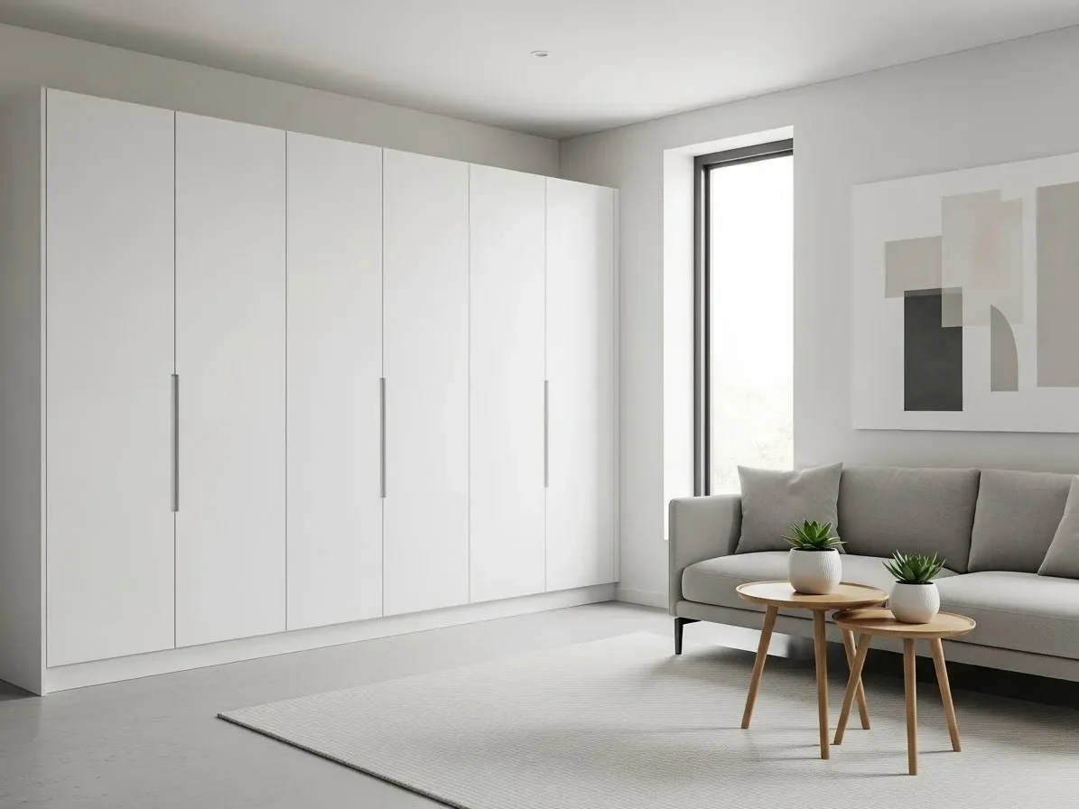 “Closed cabinets used for hidden storage in a small room.”