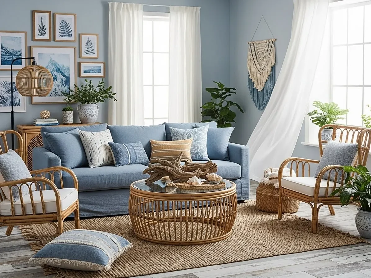 “Coastal boho living room with soft blue tones, rattan furniture and beachy textures.”