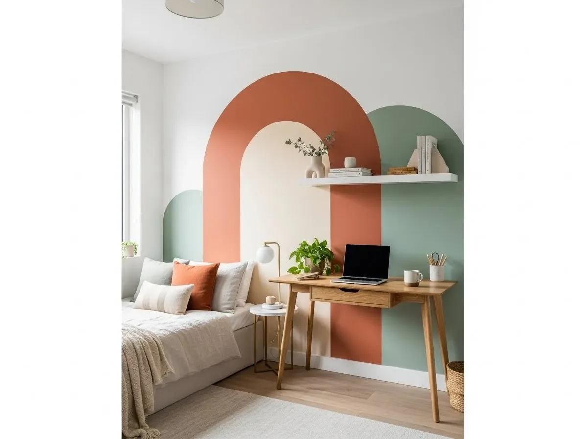 Color-block accent wall idea with a painted arch for a creative modern focal point.”