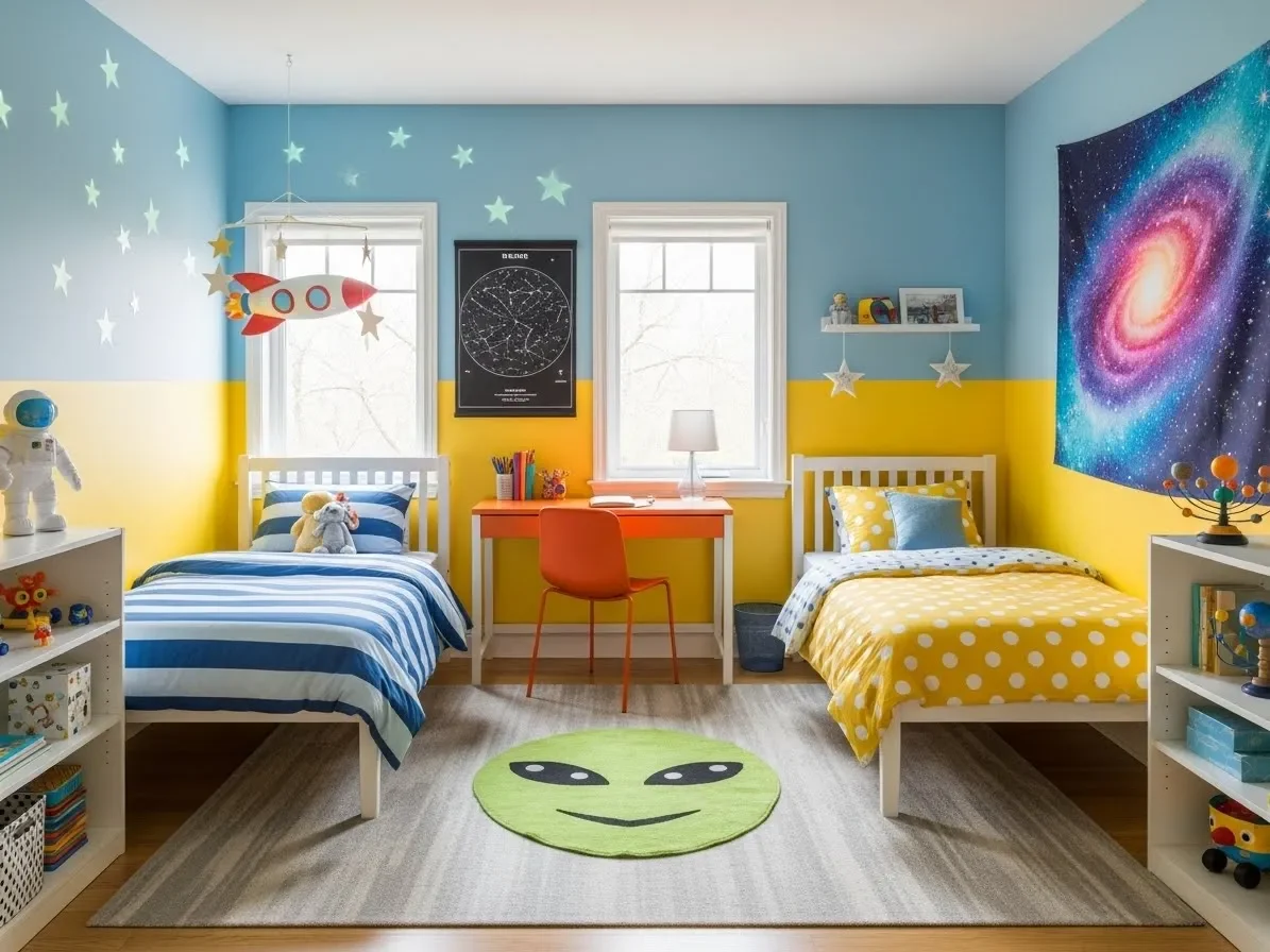 “Kids bedroom decorated with bold color themes and coordinated bedding.”