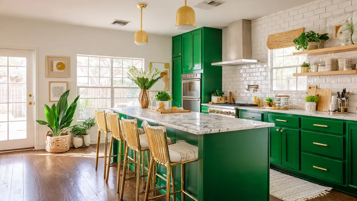 “Modern colorful kitchen with emerald green cabinets, marble countertops and gold hardware.”