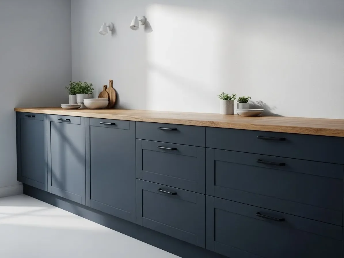 Minimalist navy kitchen with matte black handles and wood countertops.”