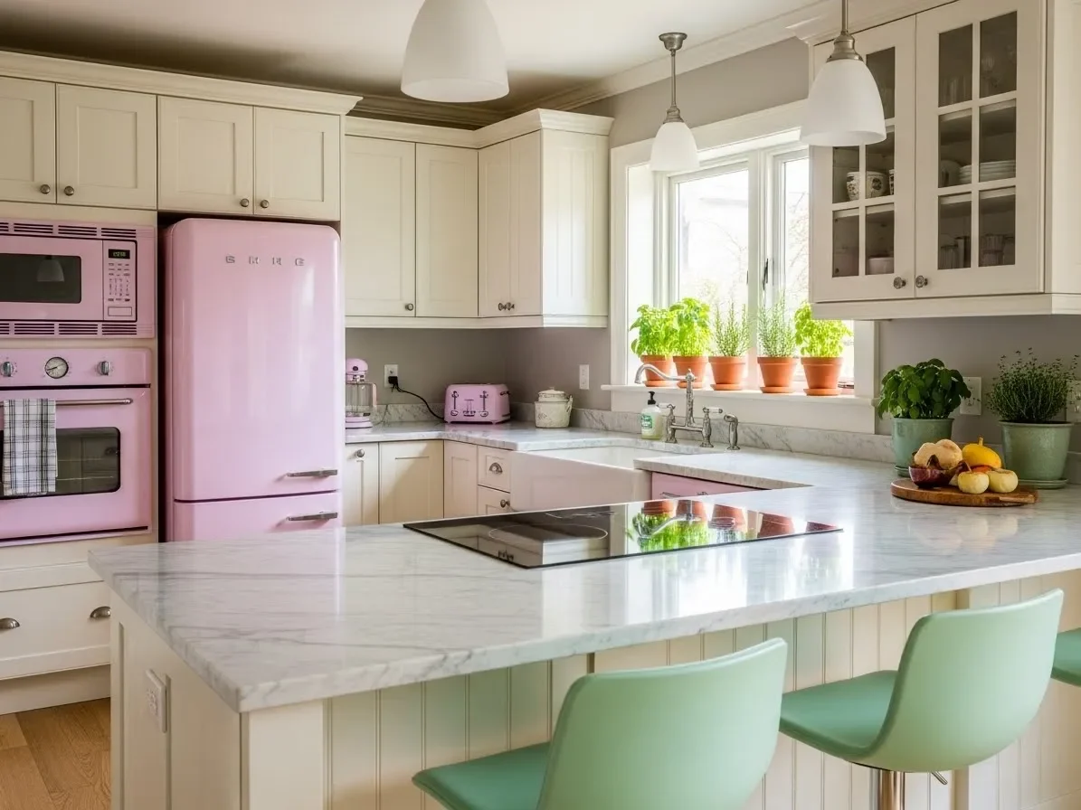 Off-white kitchen with pastel pink appliances and mint stools.”