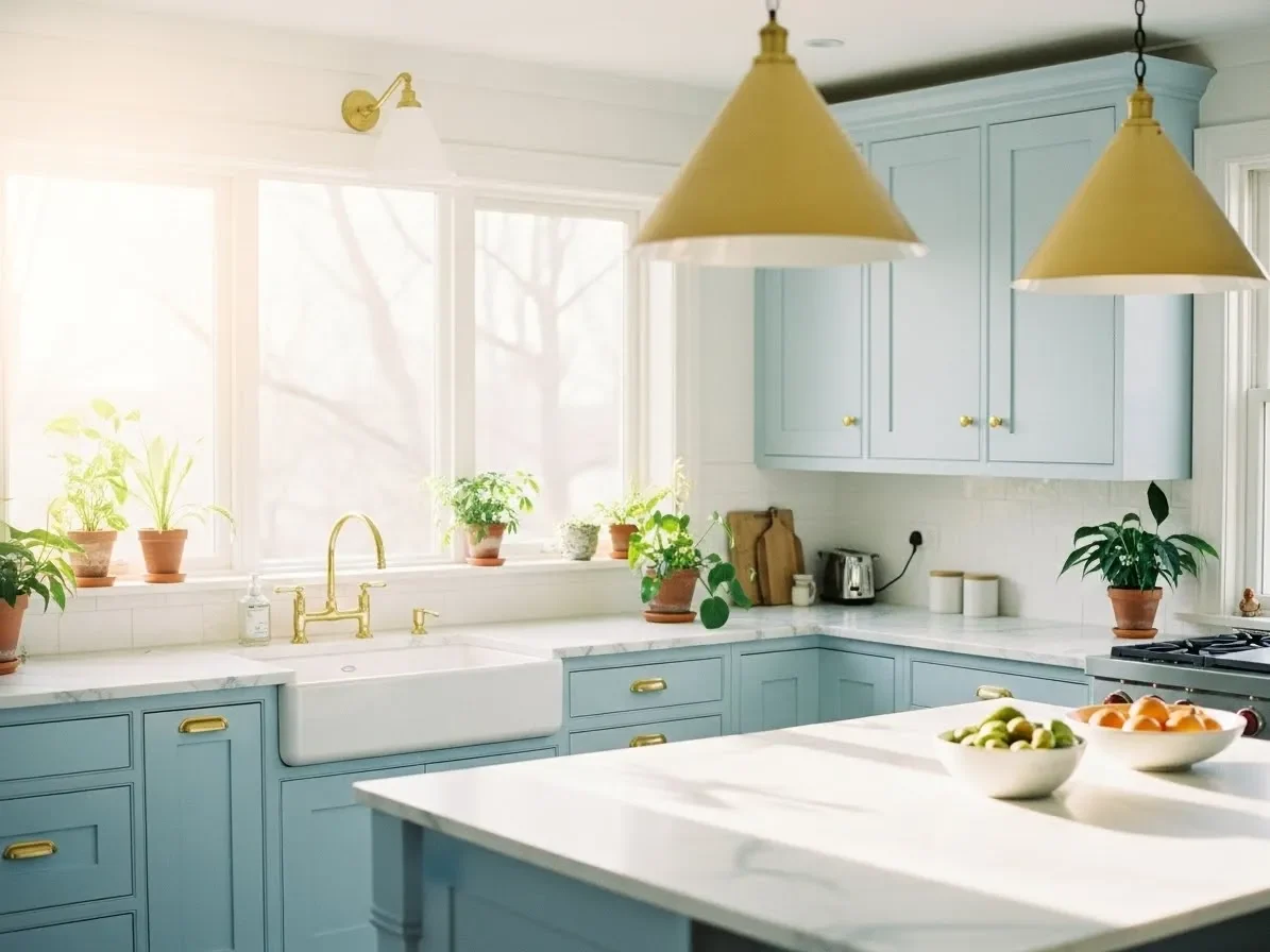 Pastel blue kitchen with marble countertop and gold pendant lights.”