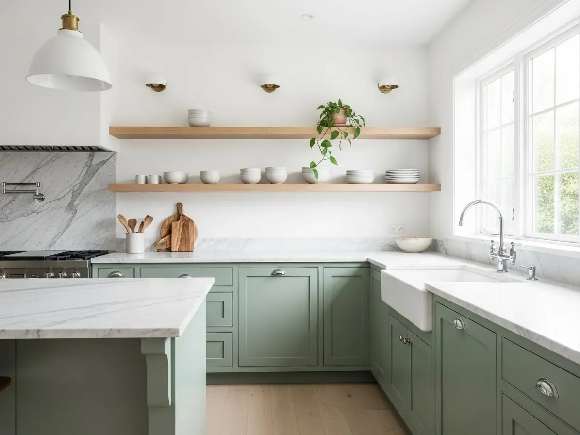 Sage green cabinetry paired with marble countertops and wooden shelves in a bright kitchen.”