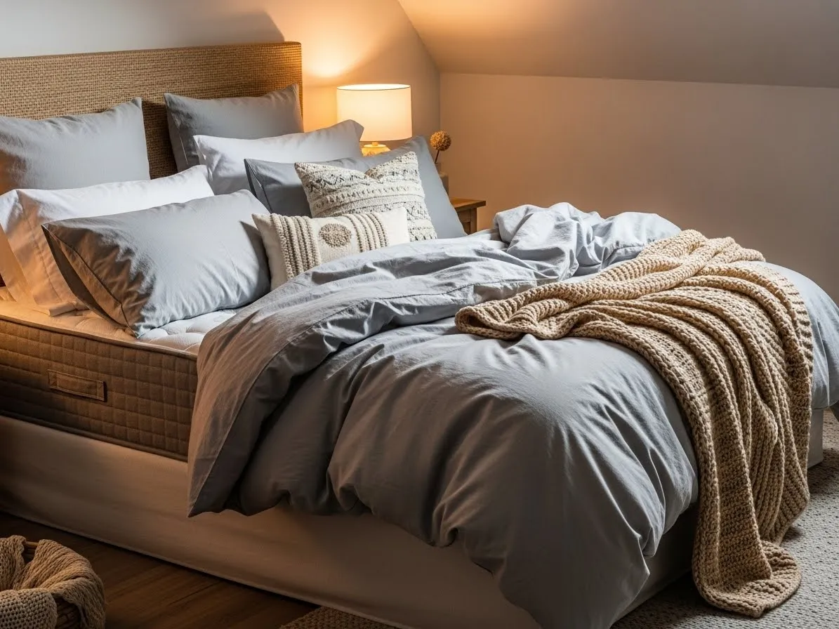 Comfortable cozy bedroom with plush bedding and warm lighting designed for relaxation.