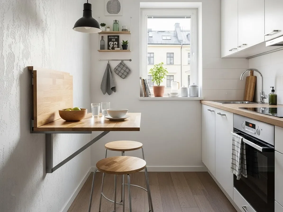 “Compact dining solution with fold-down table in a small kitchen.”