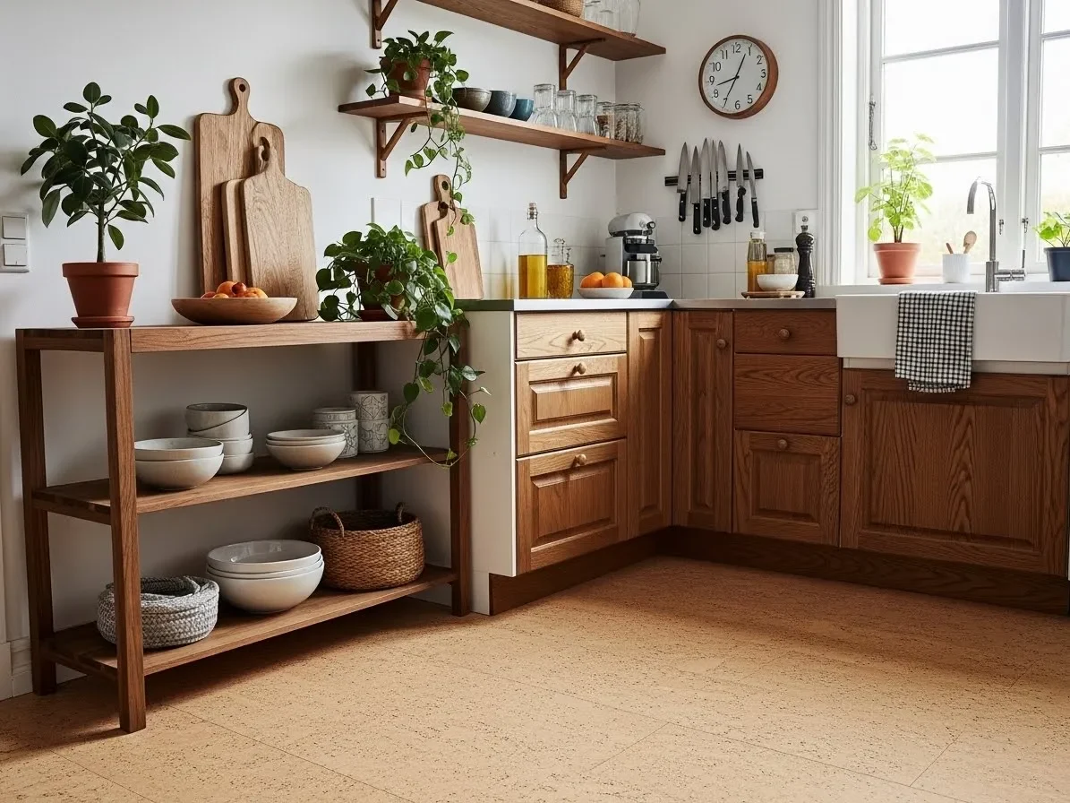 Scandinavian kitchen with light cork flooring, warm wood accents, and minimal natural décor.