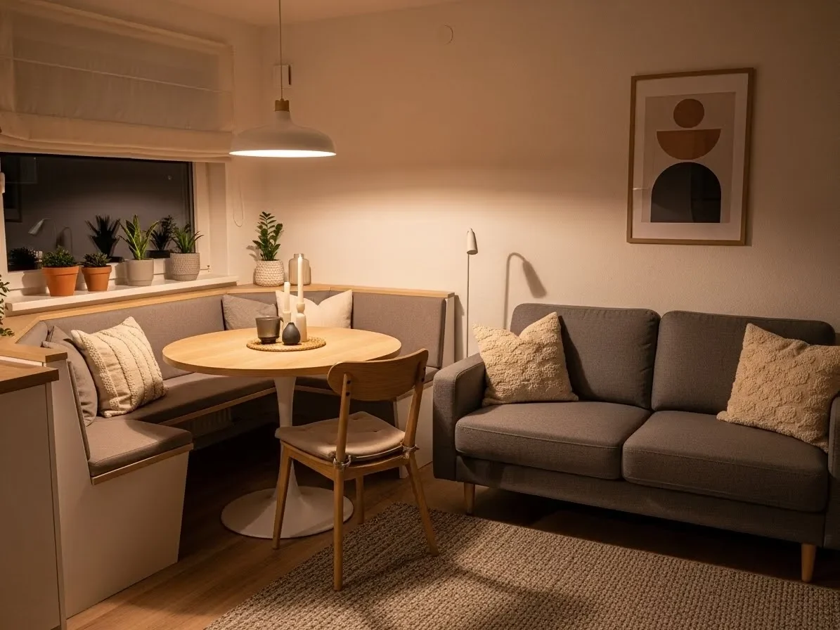 “Small round dining table tucked in a corner with bench seating in a compact living-dining combo.”