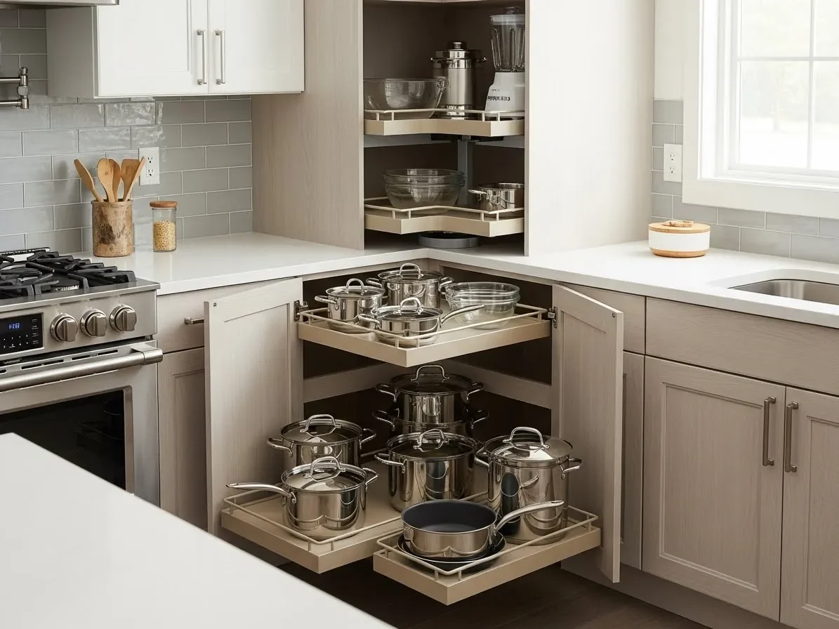 “Smart corner storage solutions maximizing space in a small kitchen.”