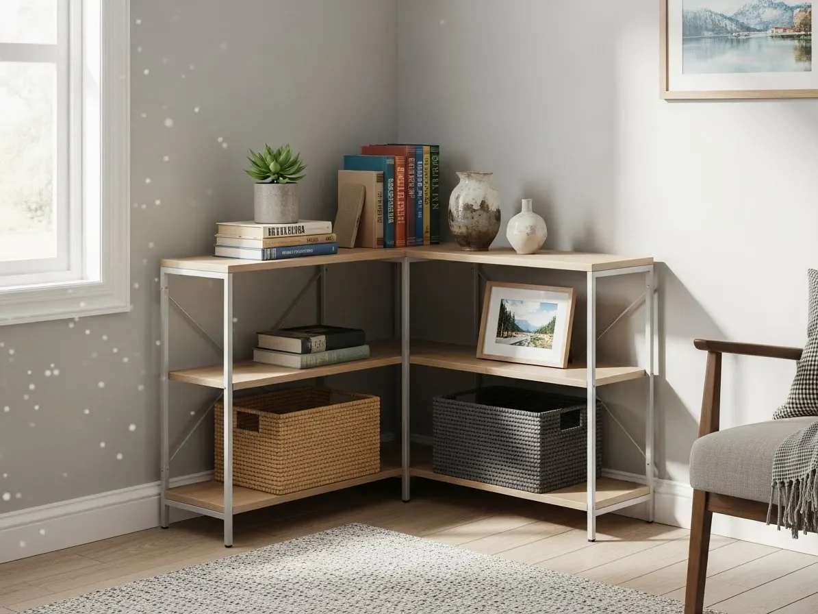 Corner shelving used for small space storage.