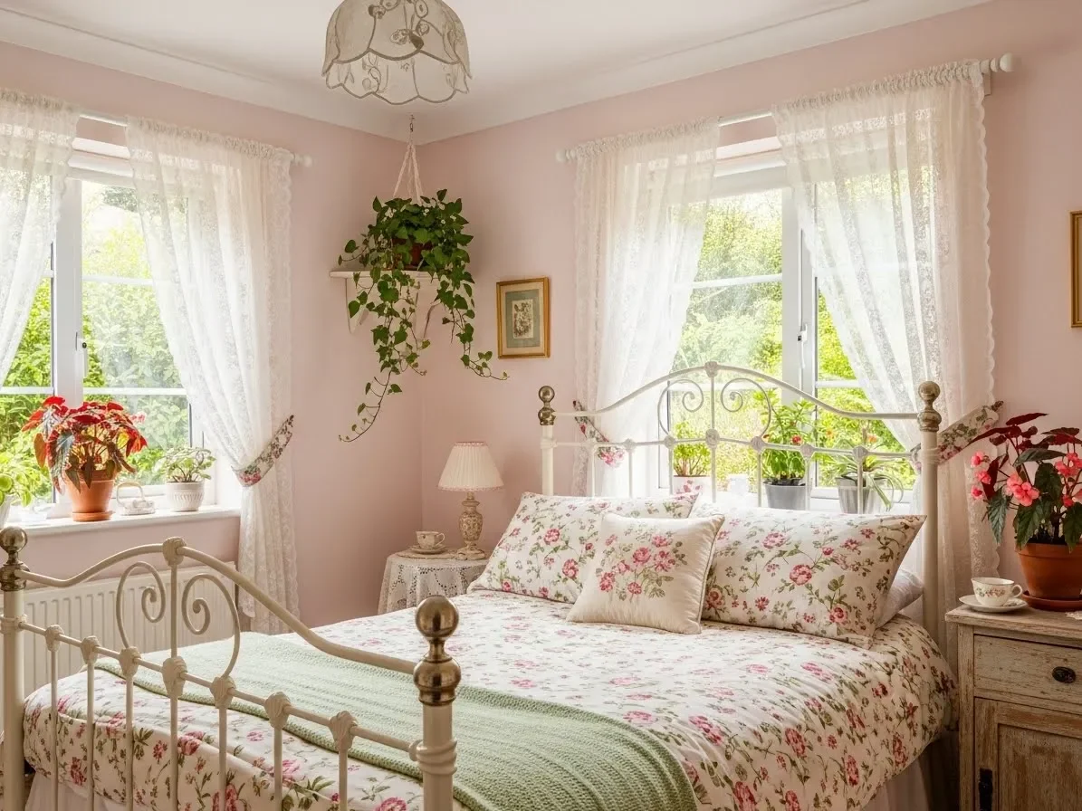 Cottage-style pink bedroom with floral bedding and vintage décor.
