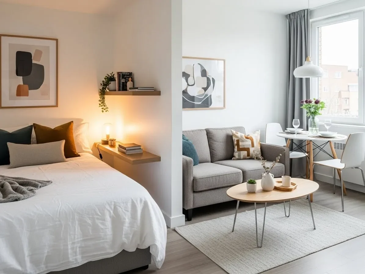 A small studio apartment with a couple-friendly furniture layout, including a bed nook and compact living area.