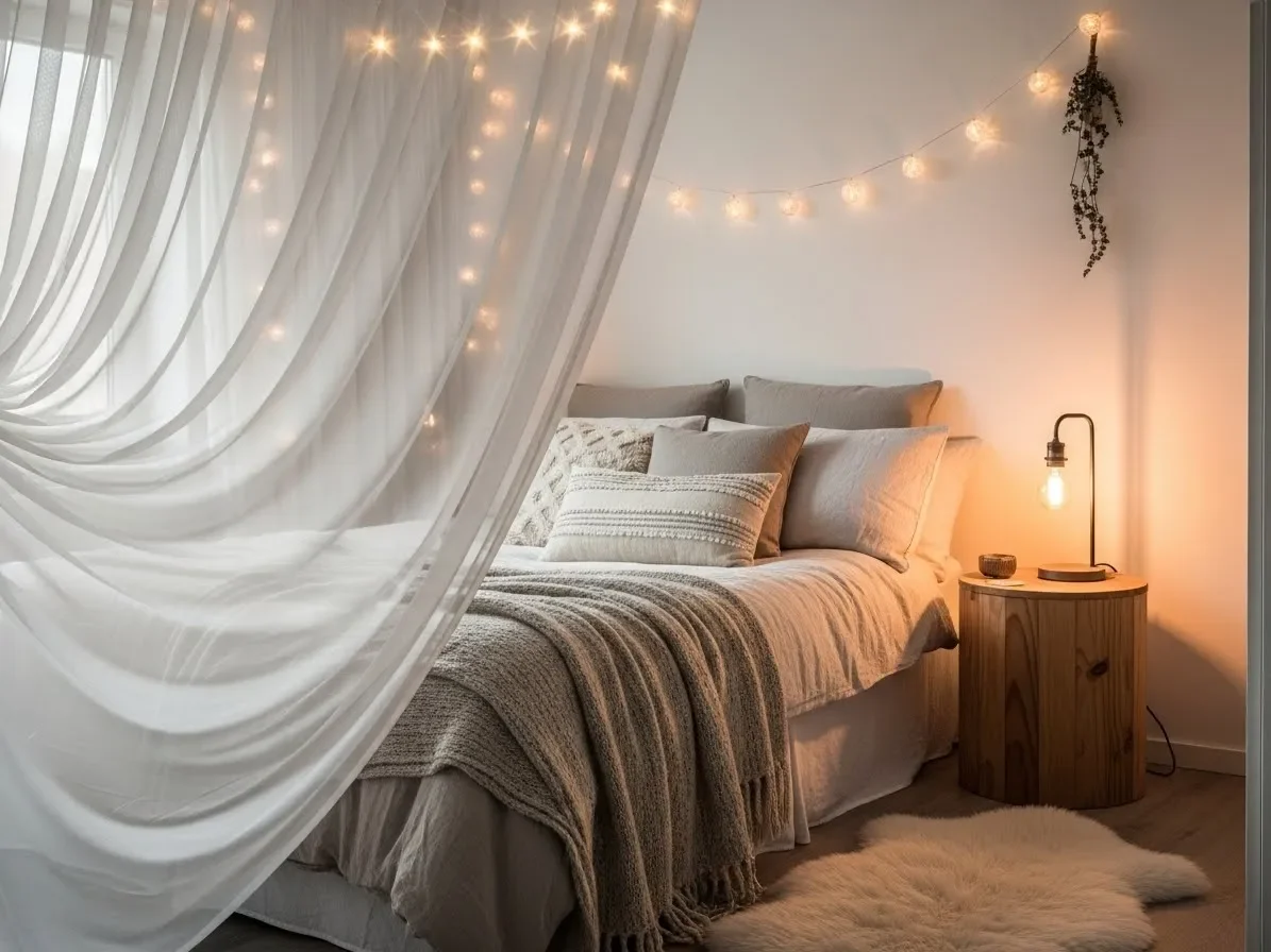 A cozy bedroom nook in a studio apartment created with soft lighting and gentle dividers.