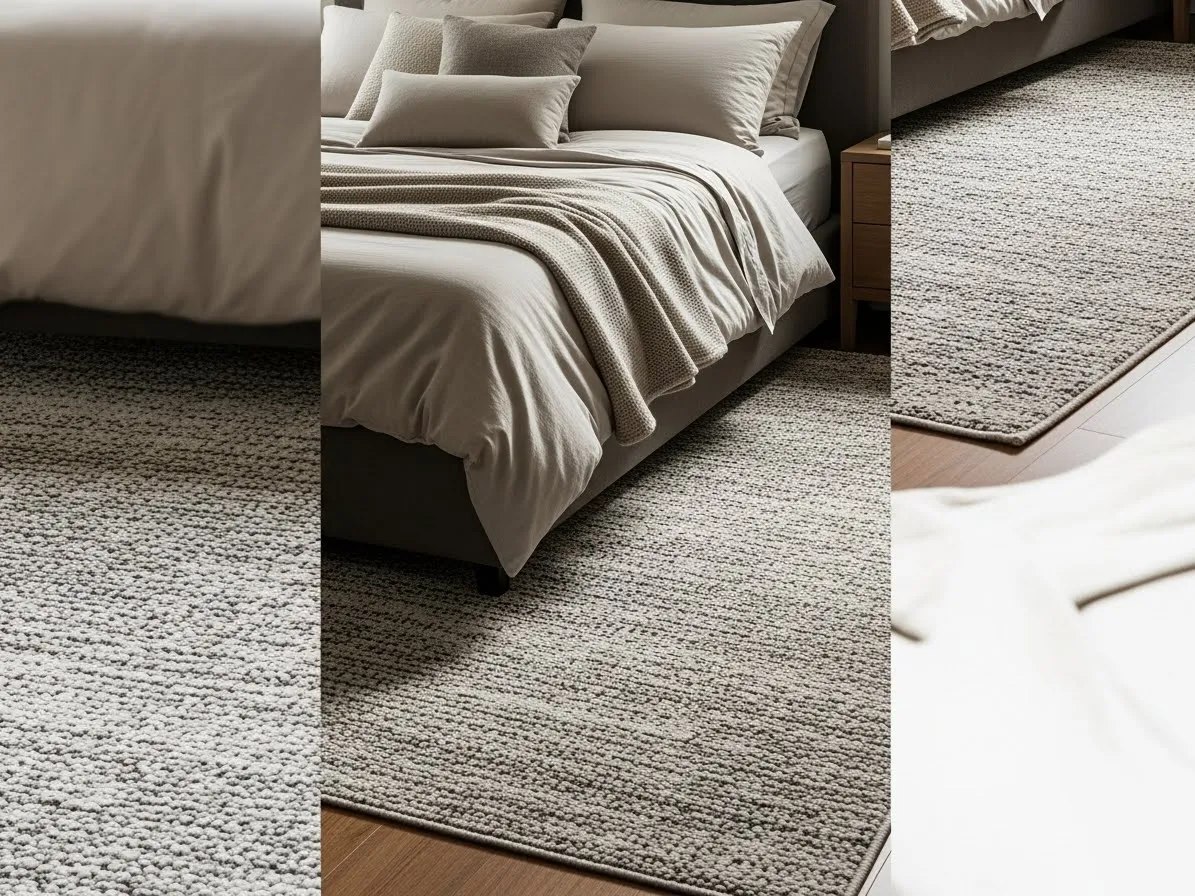 Cozy area rug under the bed adding warmth and softness to a neutral bedroom.