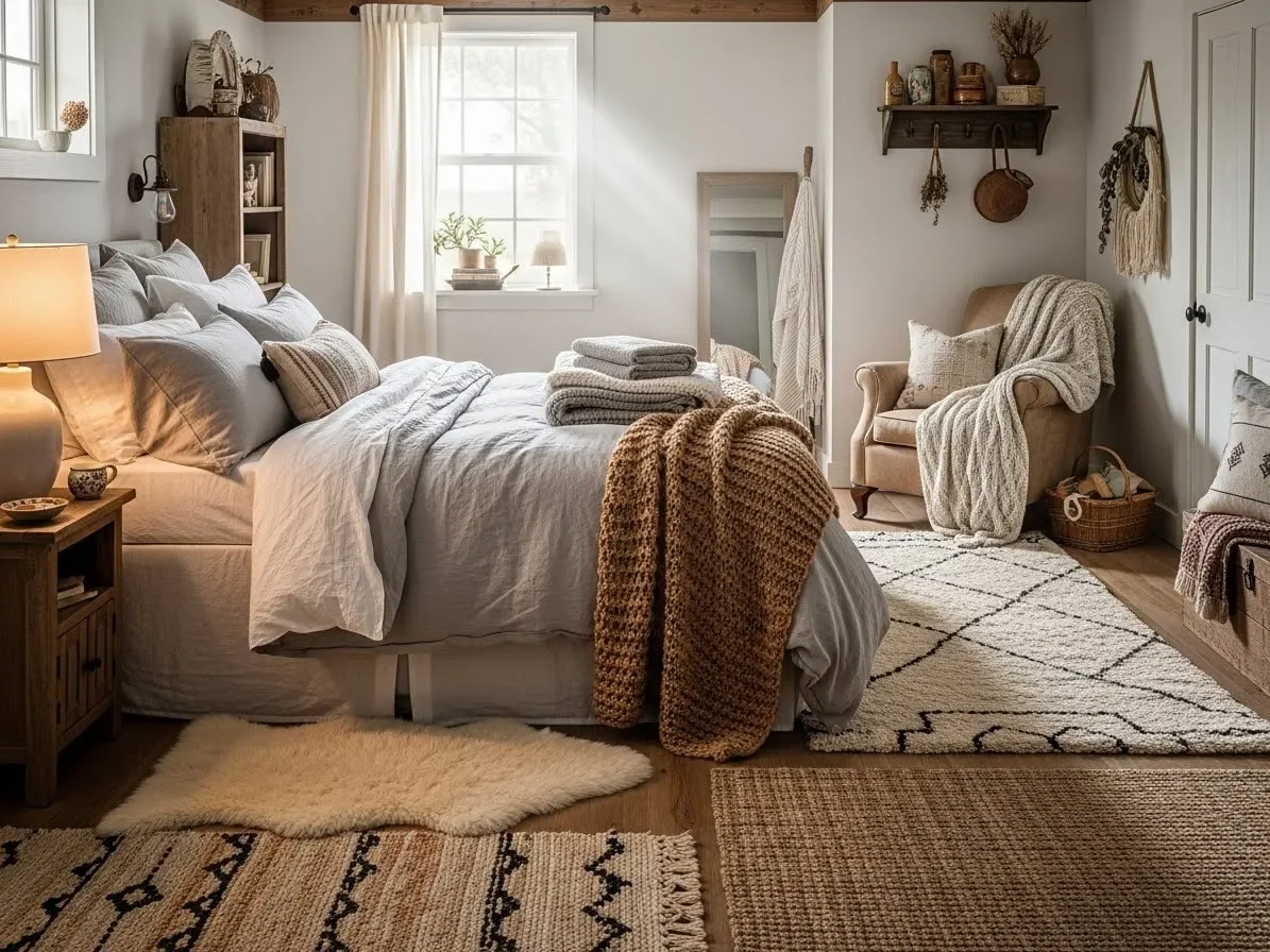 Farmhouse bedroom decorated with layered bedding, cozy throws, and soft textures.