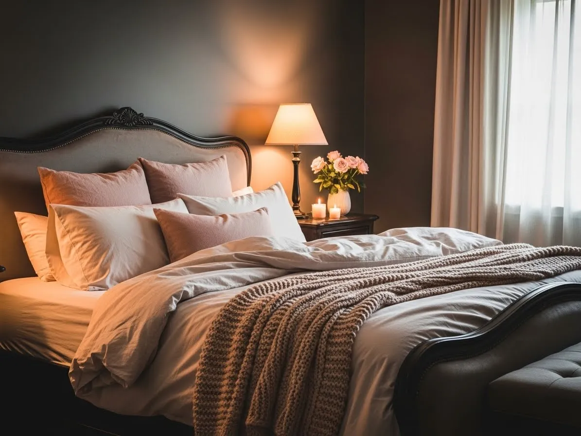 Dark bedroom decor balanced with soft feminine accent colors.
