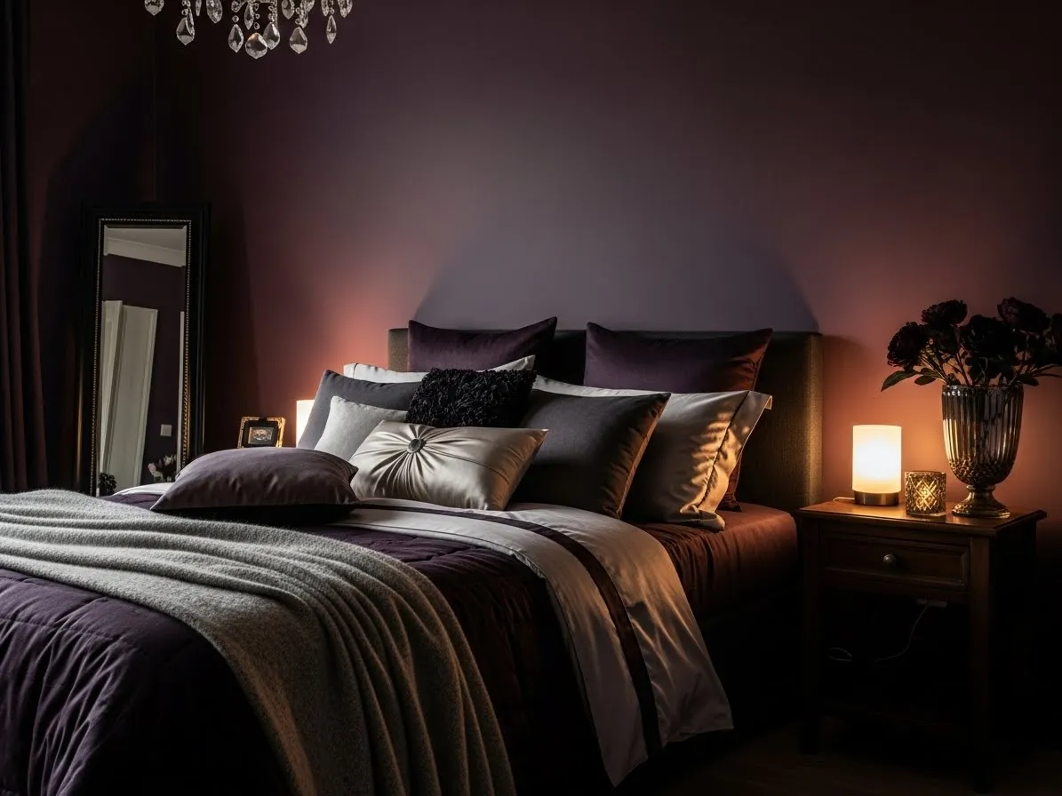 Dark feminine bedroom with deep rich wall colors creating a cozy romantic mood.