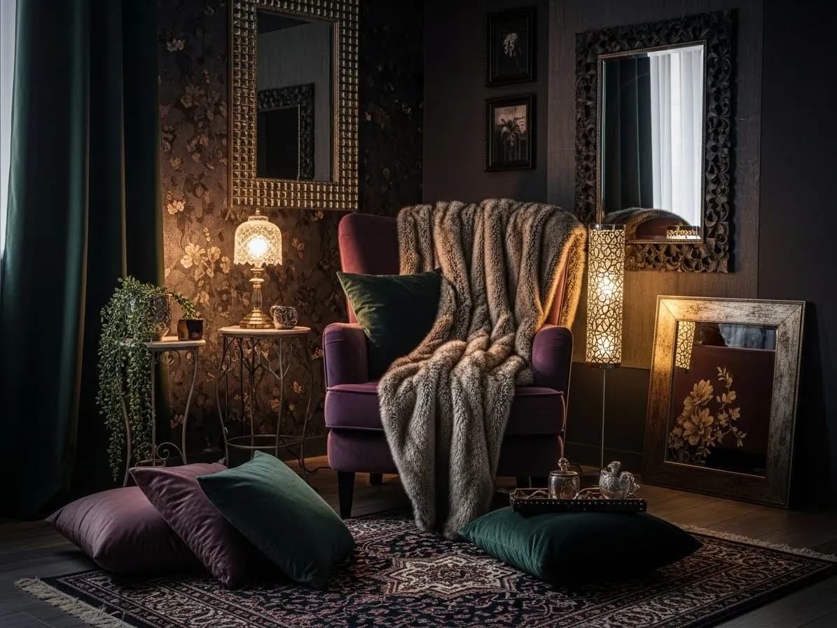 : Cozy seating area in a dark feminine bedroom.