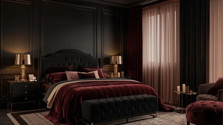 Dark feminine bedroom with rich colors, velvet bedding, warm lighting, and elegant romantic decor.