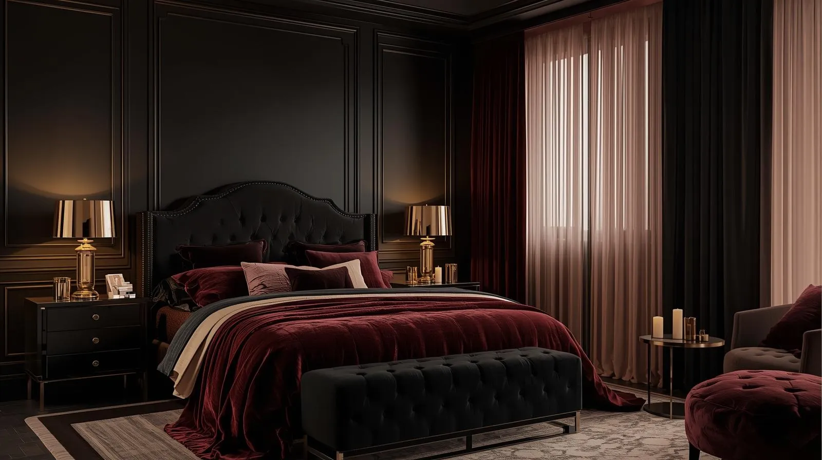 Dark feminine bedroom with rich colors, velvet bedding, warm lighting, and elegant romantic decor.