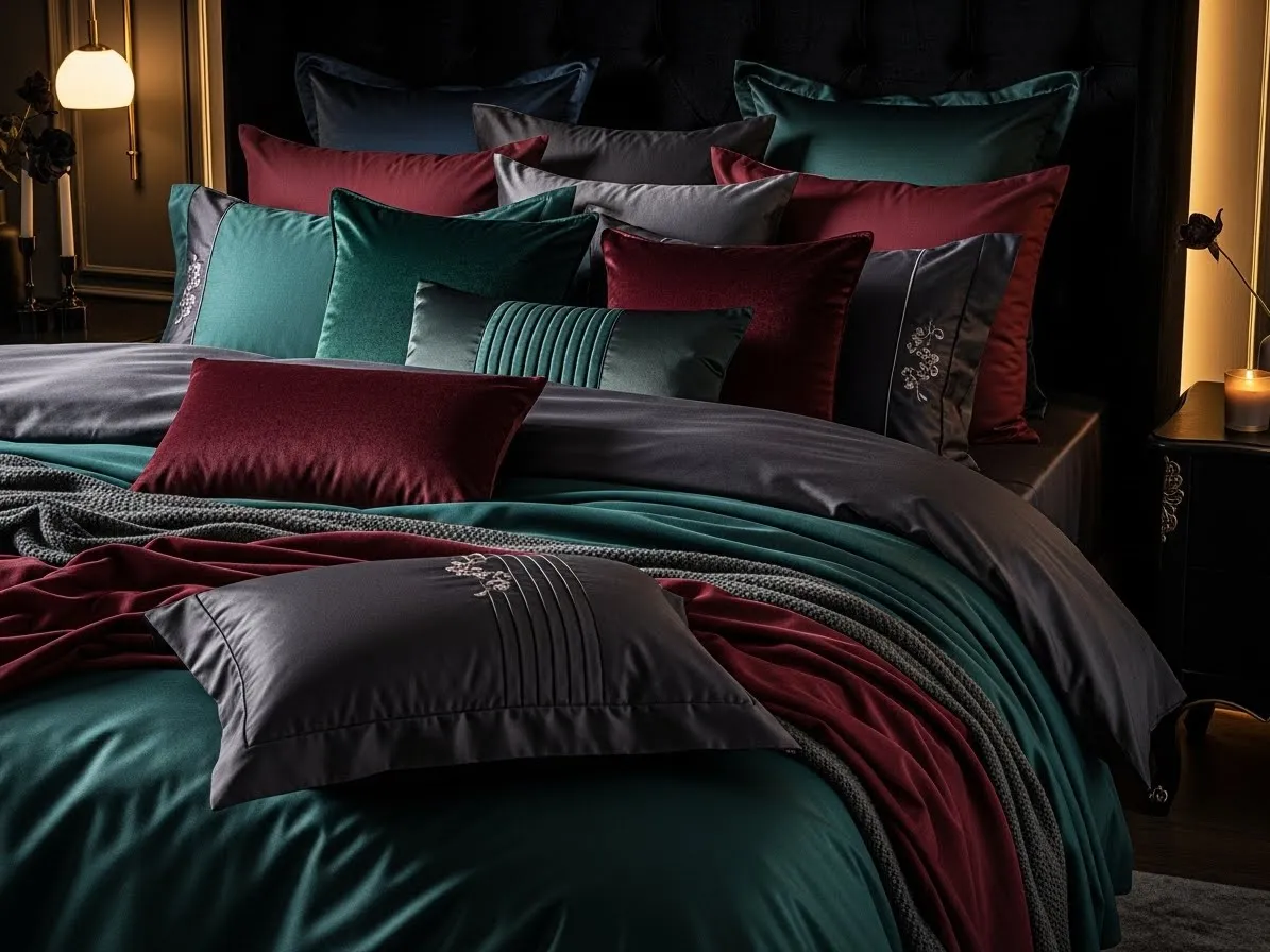 Luxurious layered bedding with velvet and satin textures in a dark feminine bedroom.