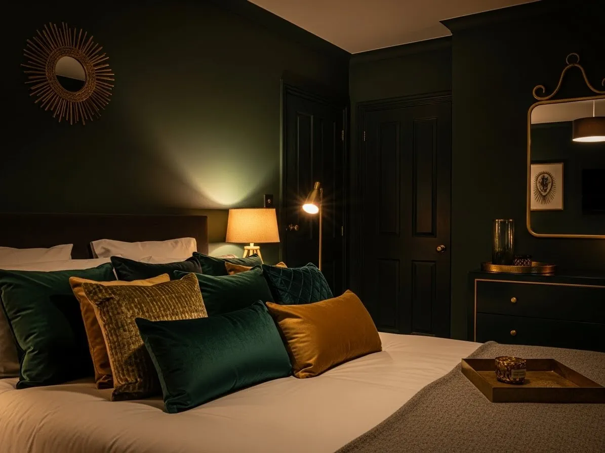 Dark green bedroom with cream bedding and warm textures creating a cozy and dramatic retreat.