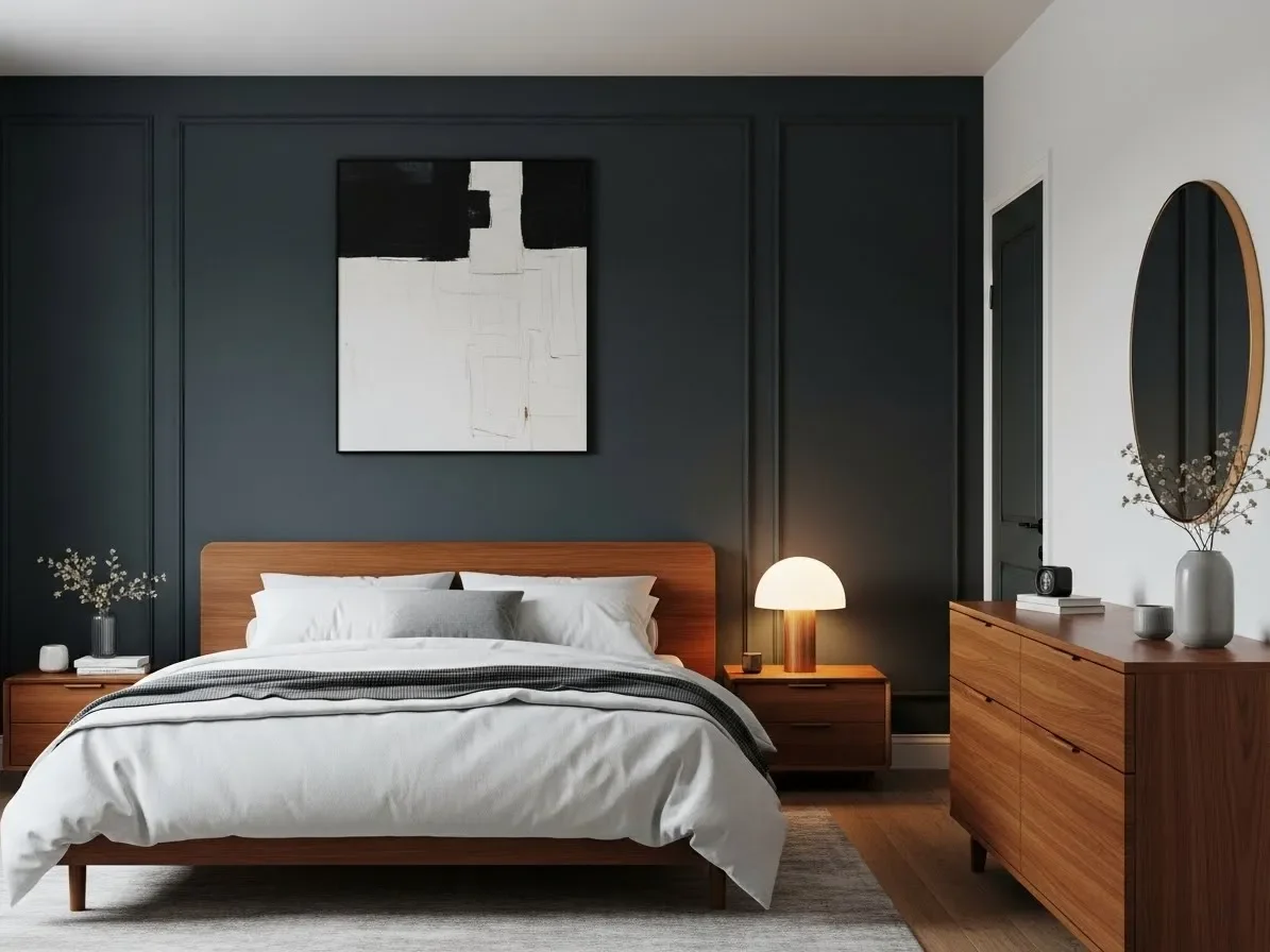 “Dark moody accent wall idea creating a bold statement focal point in a bedroom.”