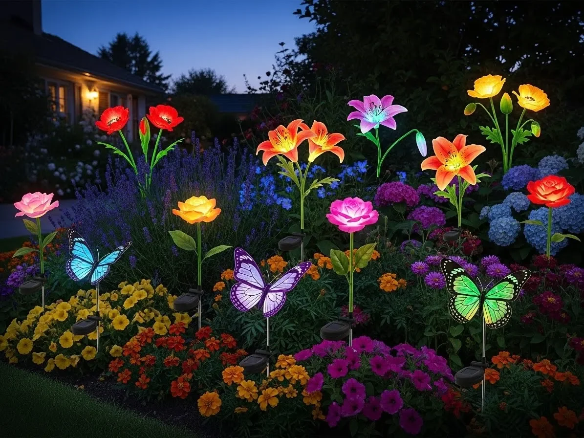 Decorative stake lights shaped like flowers illuminating a garden bed.